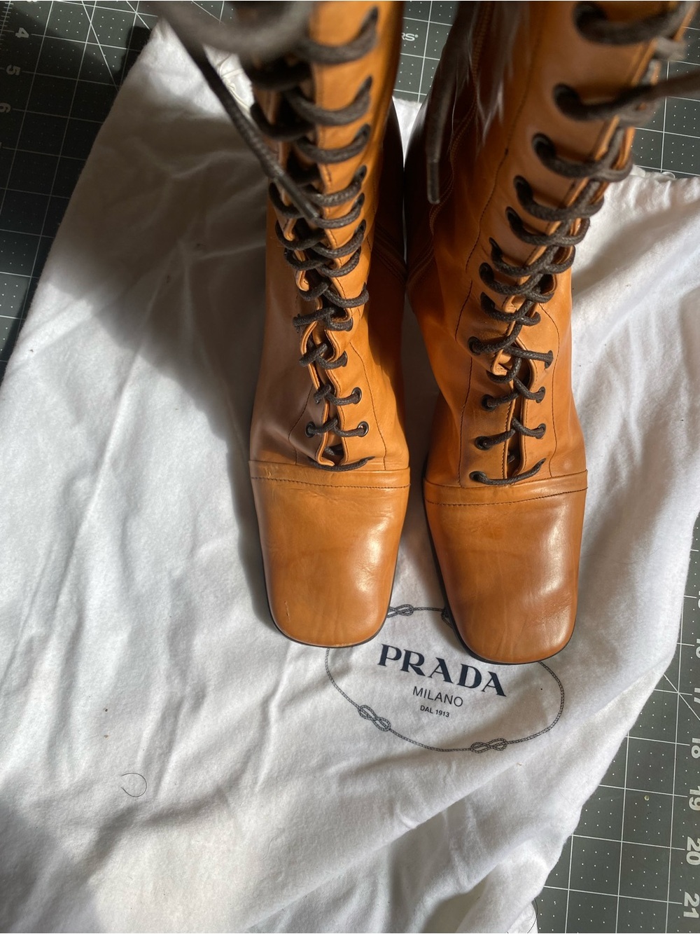 Prada Cognac/Tan Lace-Up Leather Mid-Calf Boots EU 39 / US 9 - Picture 2 of 10